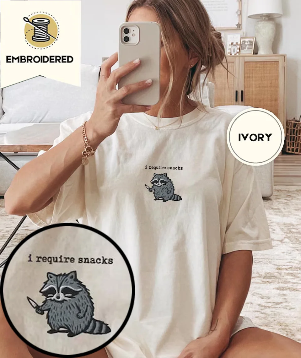 

Snacks Embroidered Raccoon T-Shirt, Cute Raccoon – Funny Comfort Colors® Shirt, Goblincore Animal Lover Gift,Cozy Snack Gremlin