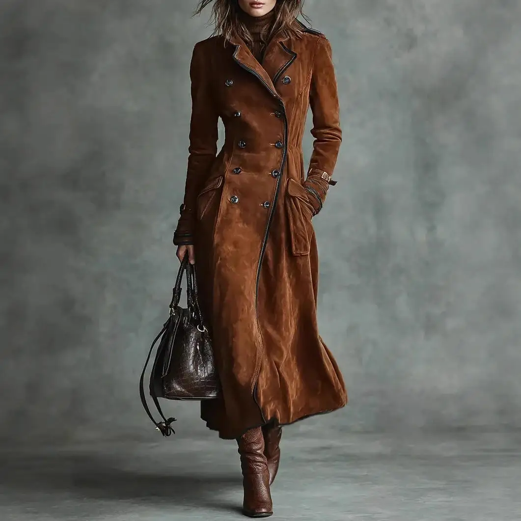 

Autumn Winter Long Western Sle Double Breasted Woolen Coat Stand Collar Windbreaker for Women Medium Length Pure Color