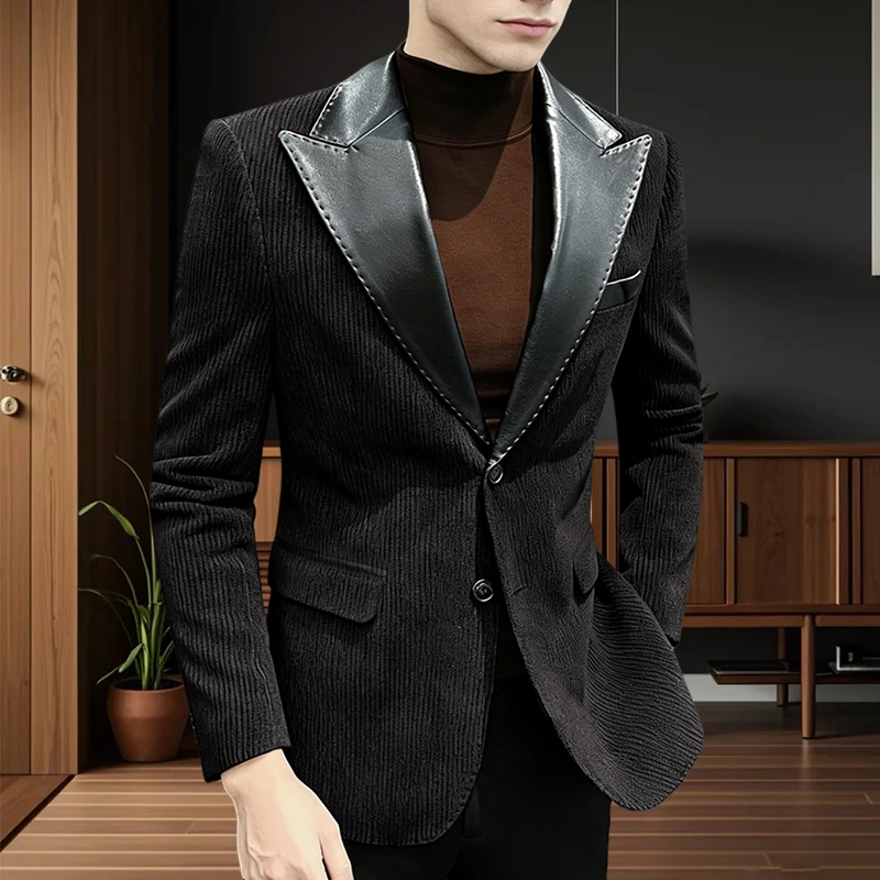 Herren-Anzugjacke, Cord, einreihig, schmal geschnitten, Mantel, Business, Freizeit, Bankett, Bräutigam, Frack