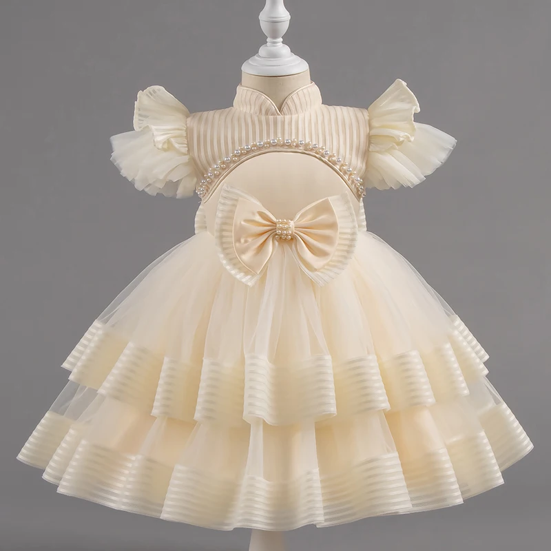 Fashion Bow Children's Evening Dresses Short Sleeve Lace Mesh Kids Girls' Princess Dress Summer Little Girl Dresses 1-7 Years