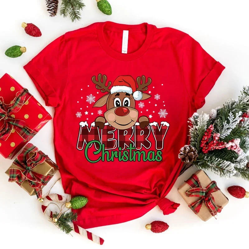 

Pop (Premium T-shirt)Cute Merry Christmas Print T-Shirts For Women Summer Lovely Short Sleeve Casual Round Neck T-Shirts Ladies
