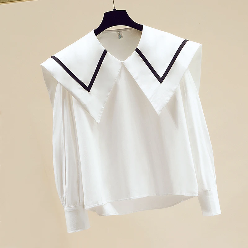 Elegant Sailor Collar Shirt 2023 Early Autumn White Blouse Long Sleeve Women Loose Ladies Office Outer Academy Style Top 28550