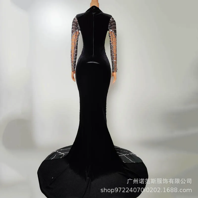 أزياء الماس سلسلة الراقية ذيل السمكة مساء اللباس الأسود الملابس العصرية المنصة أداء الملابس الراقية المطربين الإناث