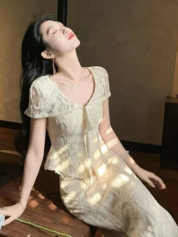 

Elegant High Waist Lace Hollow out Embroidery Blouse And Skirt Two Piece Set Breathable Summer Fashion for Young Women