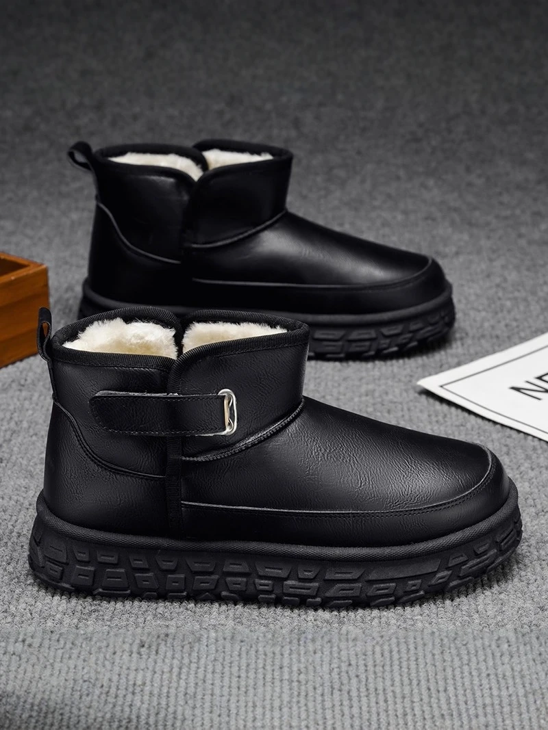 Northeast Men's Winter Snow Boots Fleece Lined Warm Mid-Calf Waterproof Leather Surface One-Step on Cotton Shoes Bread Style