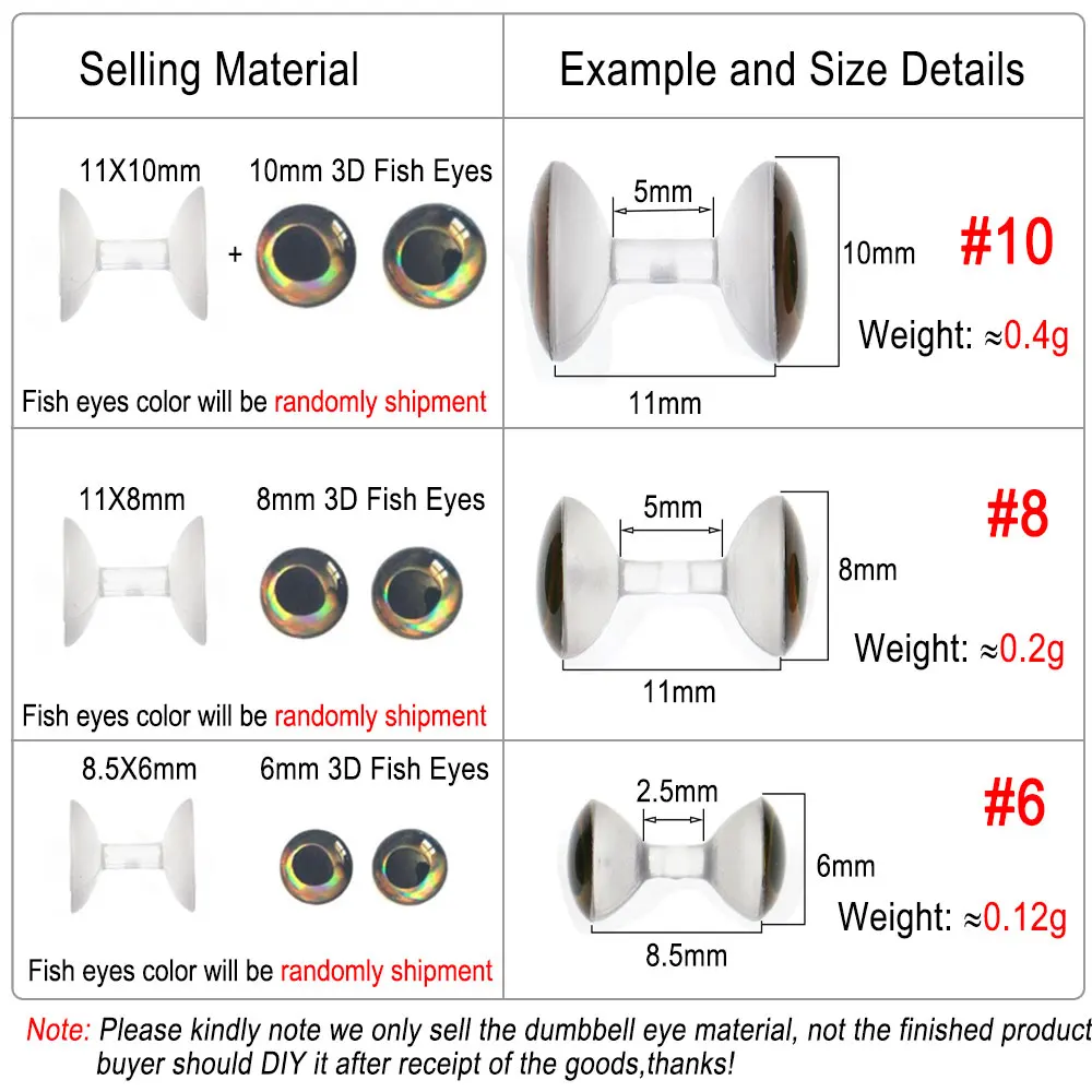 ICERIO 30PCS Fishing Fly Tying Weightless Dumbbell Eyes Material 6mm 8mm 10mm 3D Realistic Resin Eyes Fly Tying Materials DIY