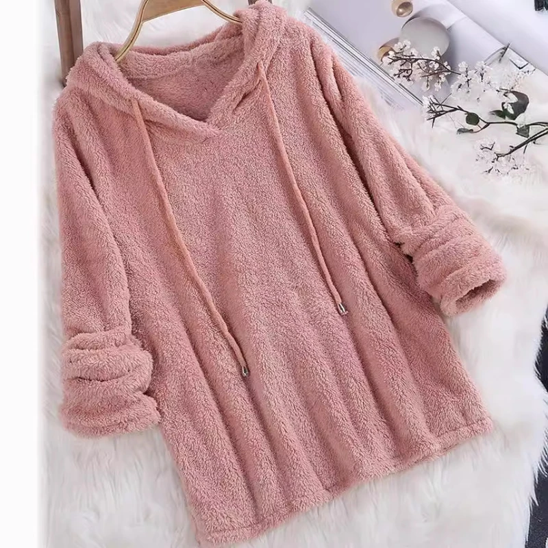 Hot Item Solid Color Long Sleeved Hooded Fuzzy Double-sided Plush Hoodie Pajamas for Women Hoodies