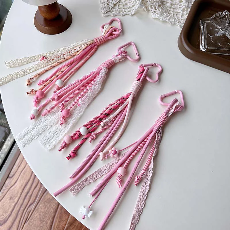Chaveiro de renda rosa e branco, corda trançada, pingente, chaveiro, moda simples, bolsa combinando, decoração, acessórios de joias