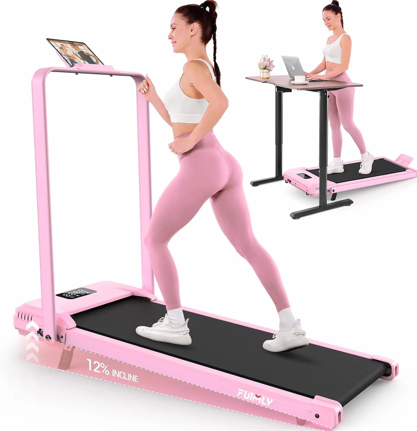 Upgraded 3.5HP Compact Foldable Under-Desk Treadmill, Walking Pad with 12%/15% Incline and Handle Bar, Shock-Absorbing Deck, 400+ lb Capacity, Ideal for Home Office Gym