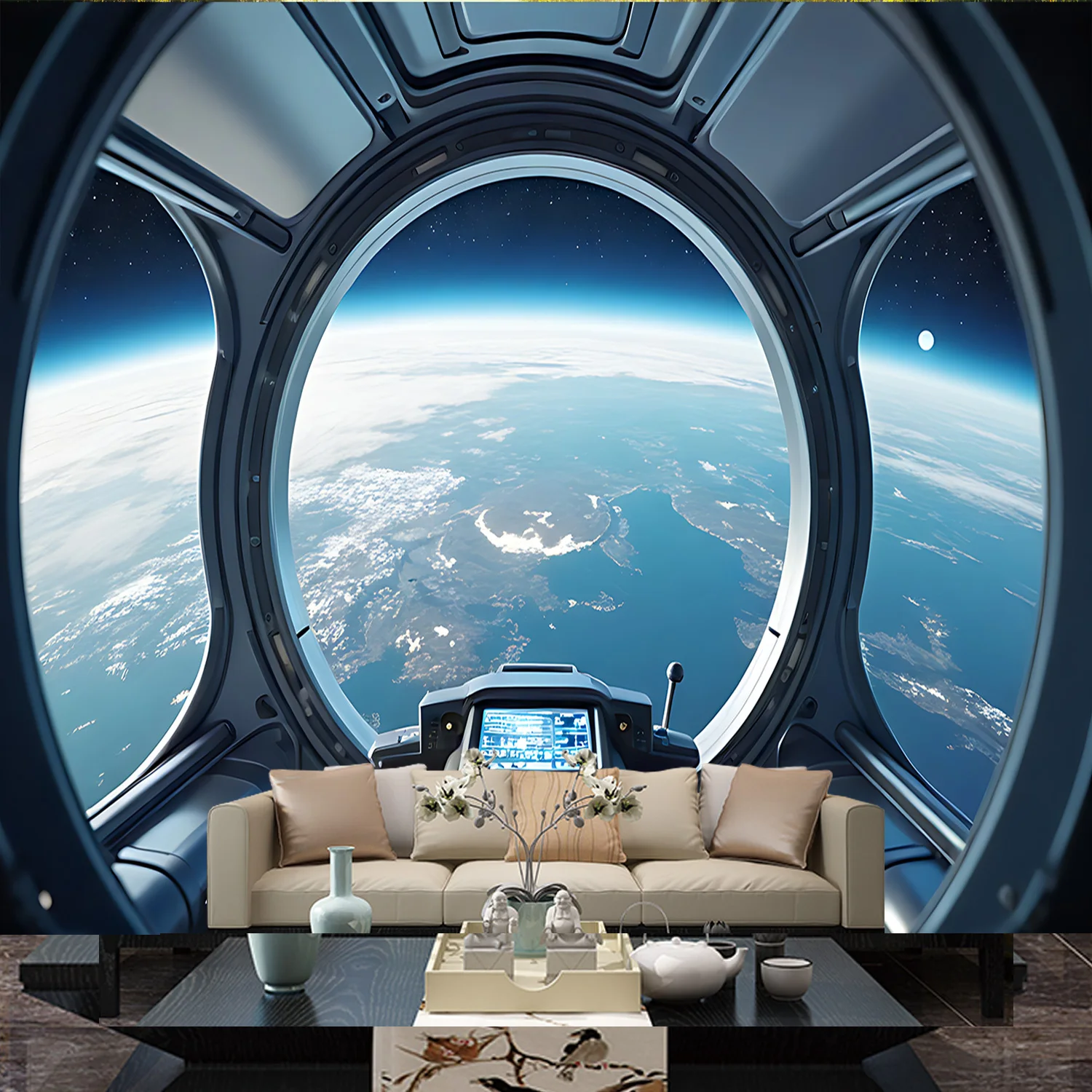Space Station Window View Tapestry Earth From Space Wall Hanging Tapestry for Living Room Bedroom Home Decor Aesthetic