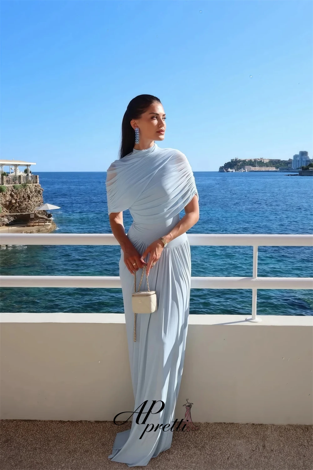 AP pretti Vintage Blue High Neck Short Sleeve Evening Dress Customized Draped Ruched Jersey Flowy Floor Length Formal Party Gown
