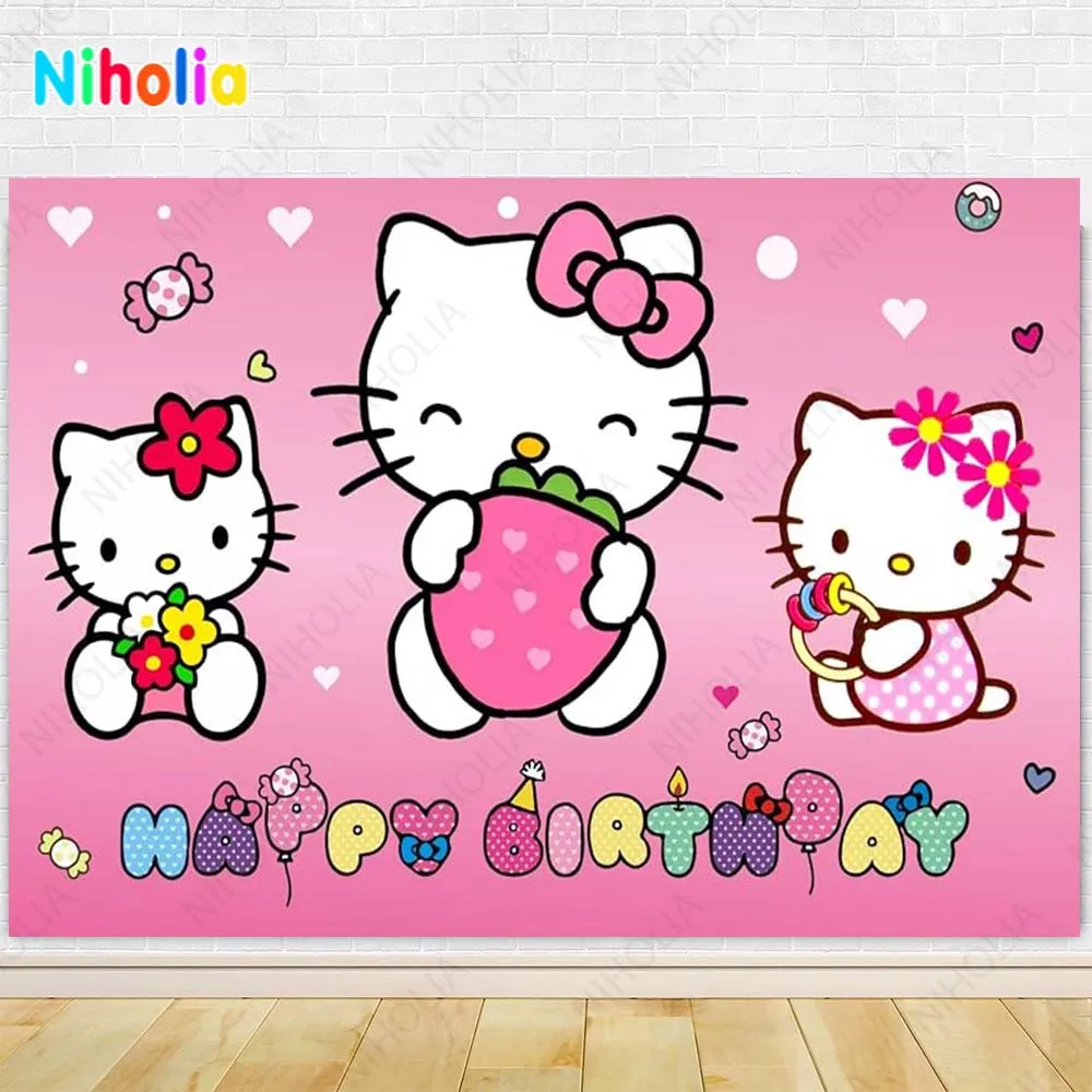 MINISO Hello Kitty Backdrop for Kids Birthday Party Background Cartoon Cat Decor Baby Shower Photography Studio Props Banner