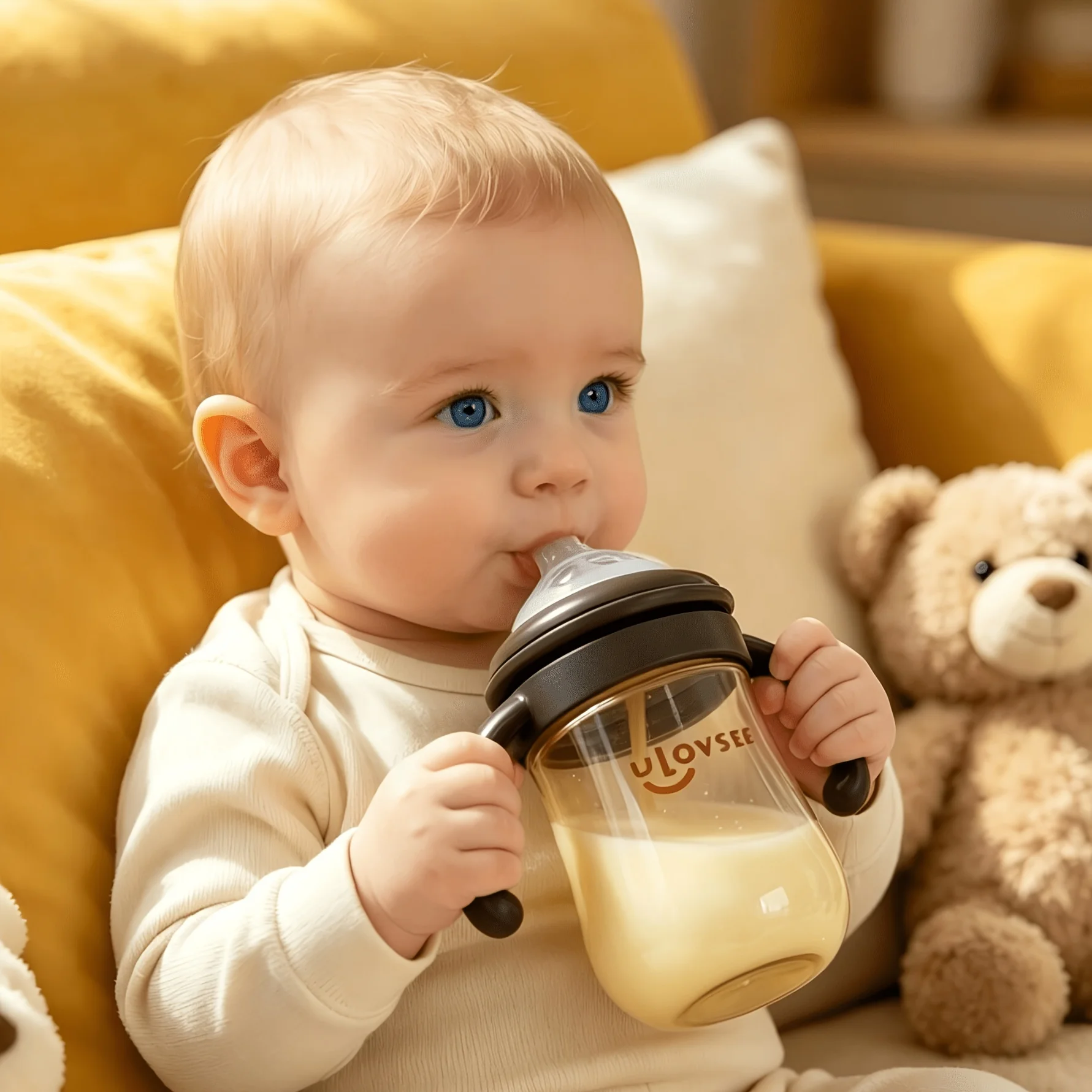 

120ml/240ml Cute Bear-Ear Baby Bottle with Handle and Weighted Straw, Wide Neck Feeding Bottle, Milk Bottle, Makes Feeding Easy