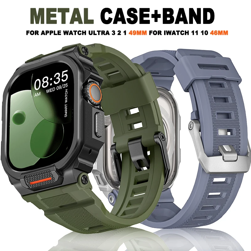 Case+Strap for Apple Watch Ultra 3 2 49mm Modification Kit Strap Iwatch Series 11 10 46mm Silicone Bracelet+Metal Case Accessory
