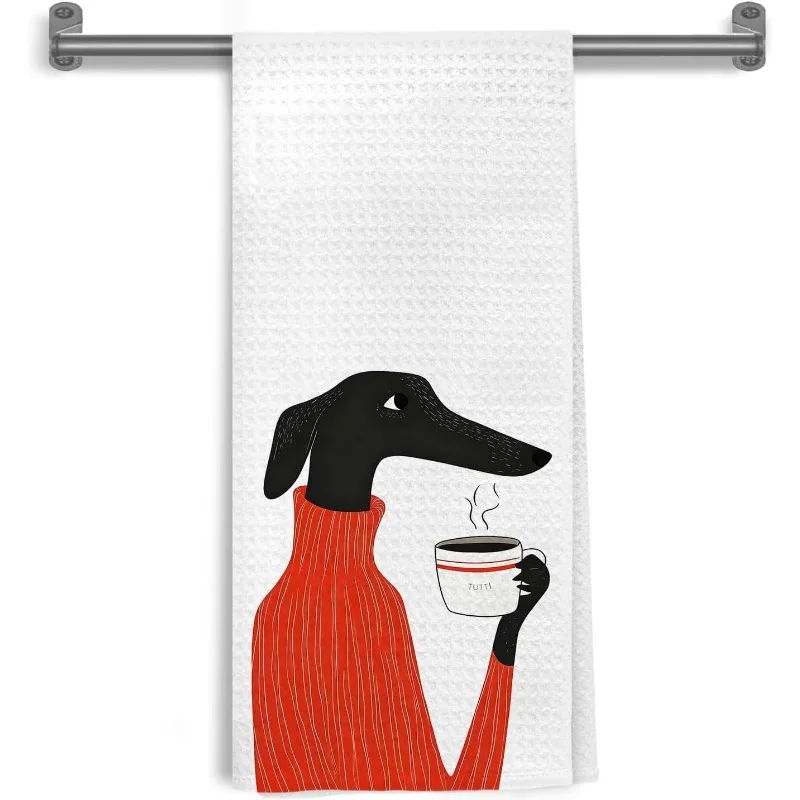 pc Greyhound in Red Sweater Drinking Coffee Printed Kitchen Towel, Soft Absorbent Hand Towel, Perfect for Kitchen,Bathroom,Hotel