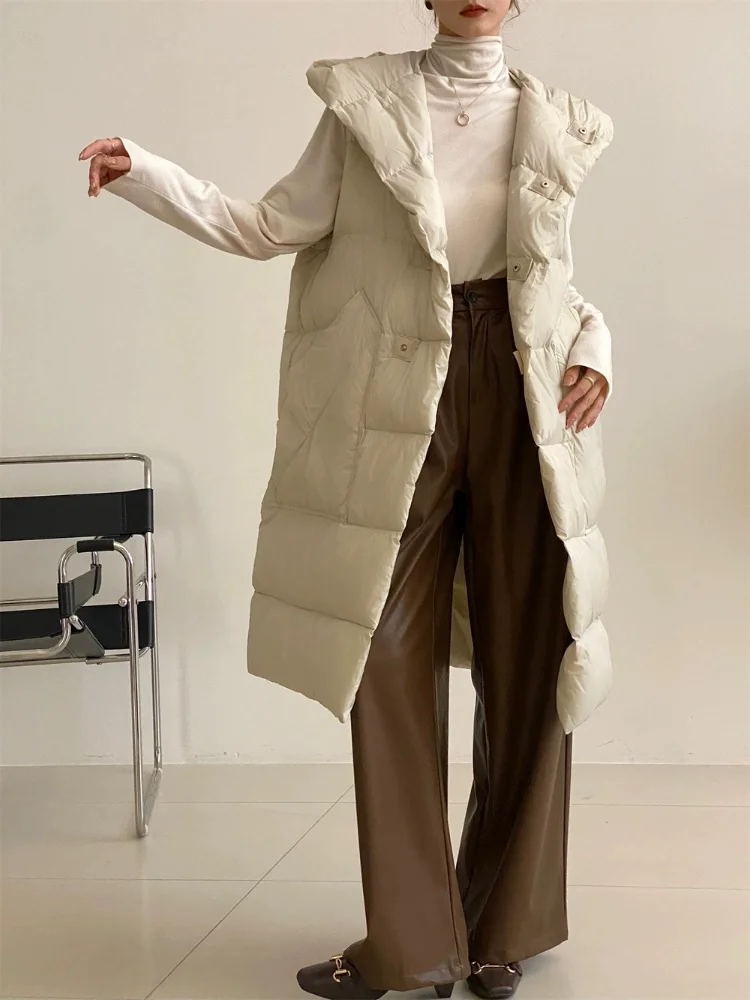 Parka com capuz à prova de vento feminina, jaquetas sem mangas, colete longo grosso, colete casual simples, moda coreana