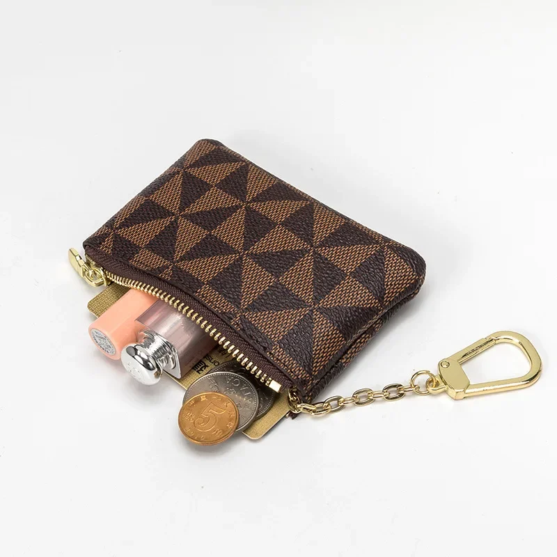 Coin Key Storage Bag with Chain Women Mini Coin Purse Luxury Designer Plaid Leather Small Zipper Wallet Ladies Keychain Trendy