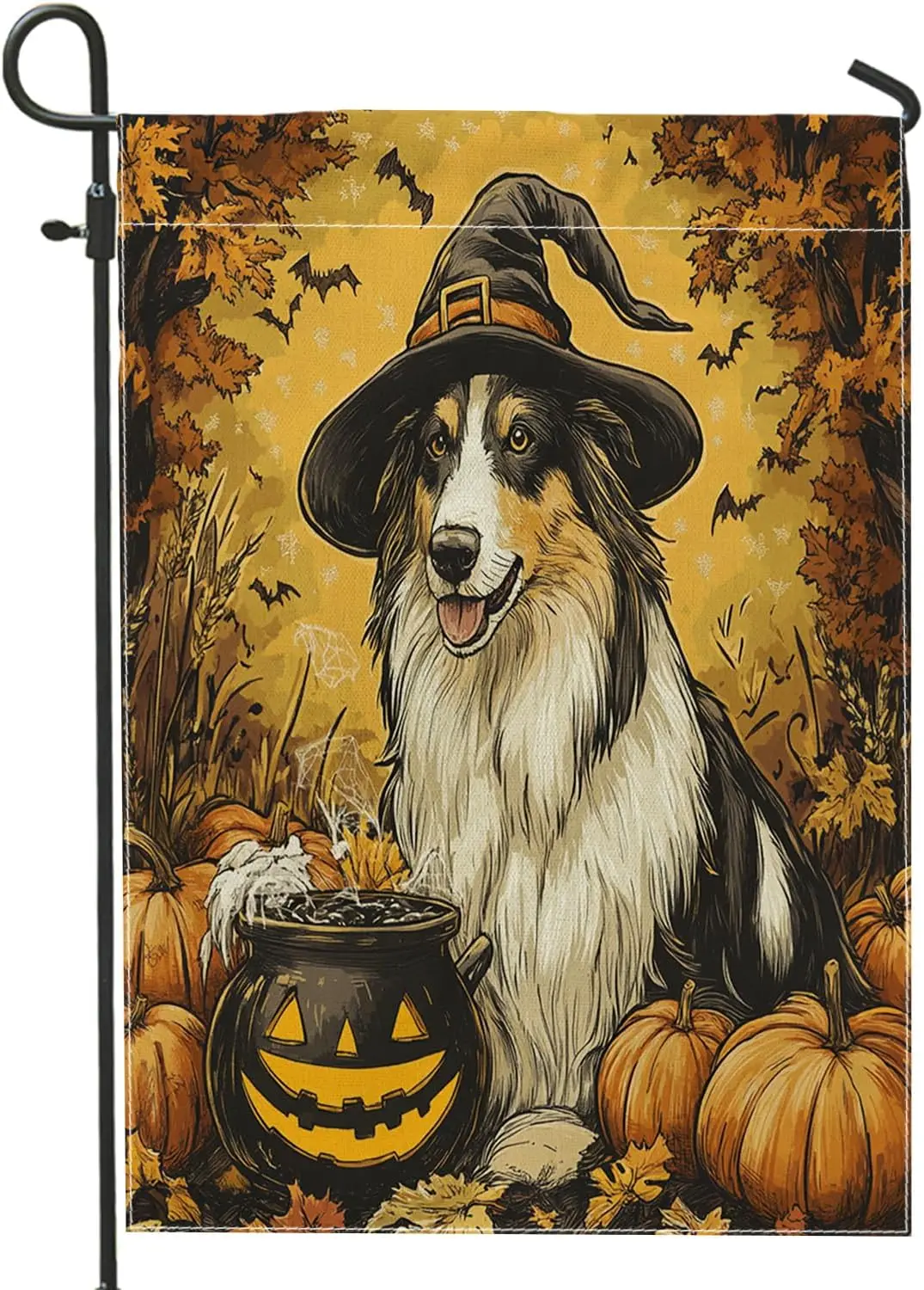 Vintage Halloween Rough Collie Dog Front Yard Backyard Burlap Garden Flags 12x18 Double Sided for Outside, Witch Cauldron Pu KZA