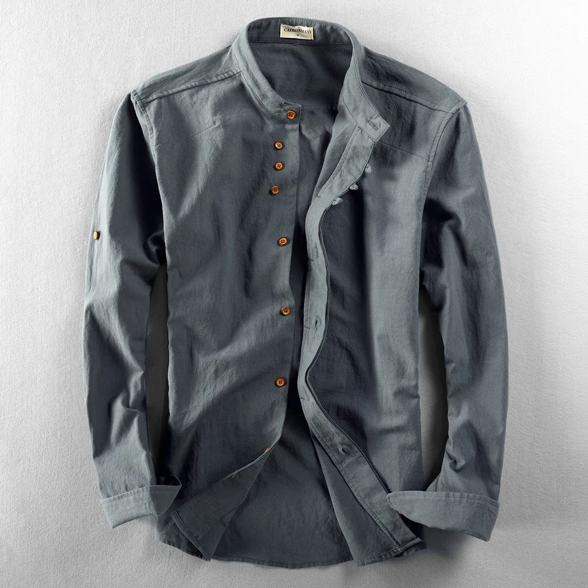 

Autumn Winter Men's Clothing Slim Fit Stand Collar Casual Shirt For Men Pure Color Long Sleeve Linen Top Vintage Breathable