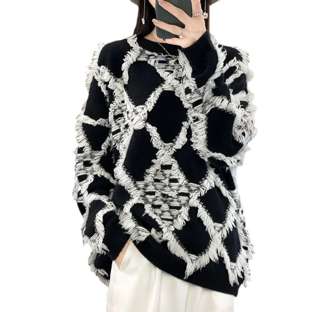 

Women's Korean-Style Wool French Sweater Autumn Winter Cashmere Knitted Top with Three-Dimensional Diamond Pattern