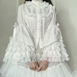 Japanese Sweet Cute Lolita Flare Sleeve Bow Shirts Women Y2k Aesthetic Lace Patchwork Blouse Kawaii Girl Loose Blusas Mujer Tops