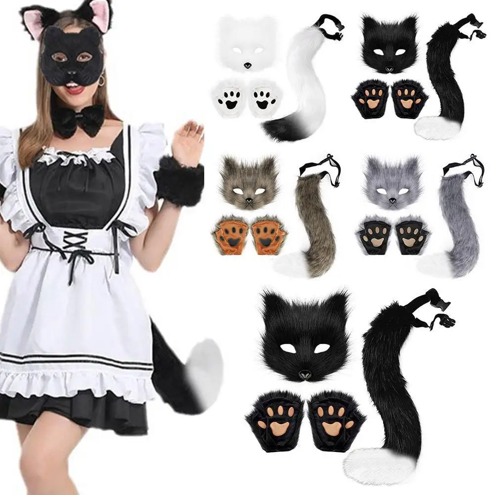 Fluffy Fur Tail Cat Paws Gloves And Wolf Therian Mask Set Festival Cosplay Costume Accessories Mask Sets