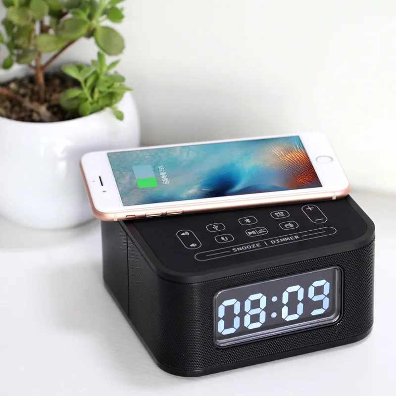 New wireless charging desktop bluetooth speaker led alarm clock stereo hotel bluetooth audio clock