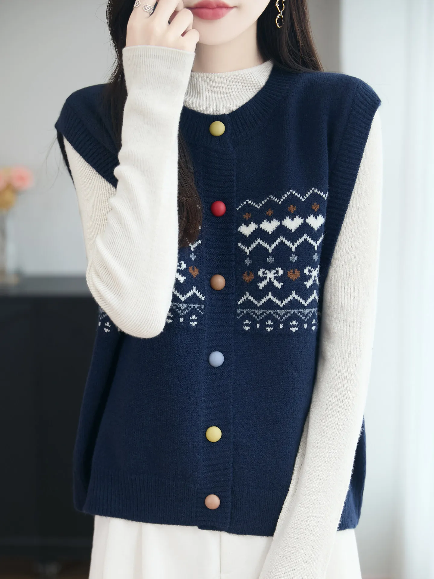 

Ретро-кардиган вязаный женский свободный с пуговицами, теплый жилет с геометрическим узором для многослойных образов