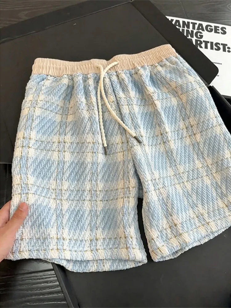 Pantalones Cortos de Hombre de Punto Suelto a Cuadros Azules y Blancos, Transpirables para Verano, Deportes de Playa, Largos hasta la Rodilla