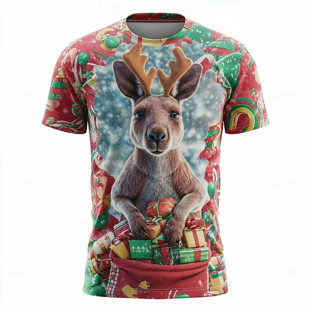 

Funny Christmas Kangaroo 3D Print T Shirt for Men Fashion Reindeer Antlers Holiday Outfit Cute Xmas Party Loose Top Men Clothing