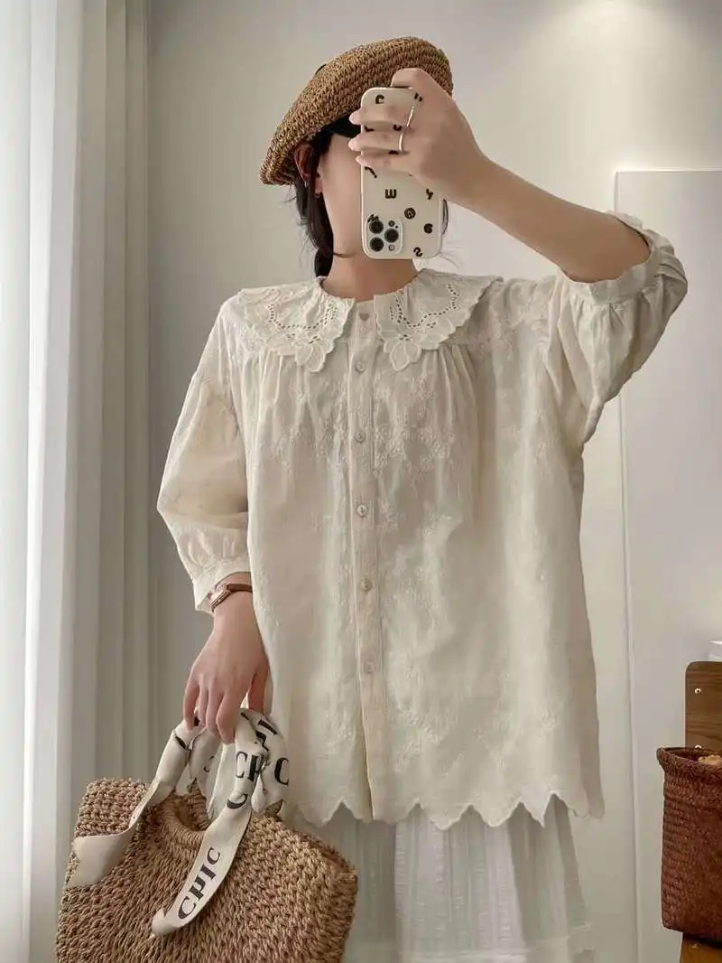 

Plus size women clothing women autumn summer Japan style lace collar three quarter sleeve white beige embroider shirt and blouse