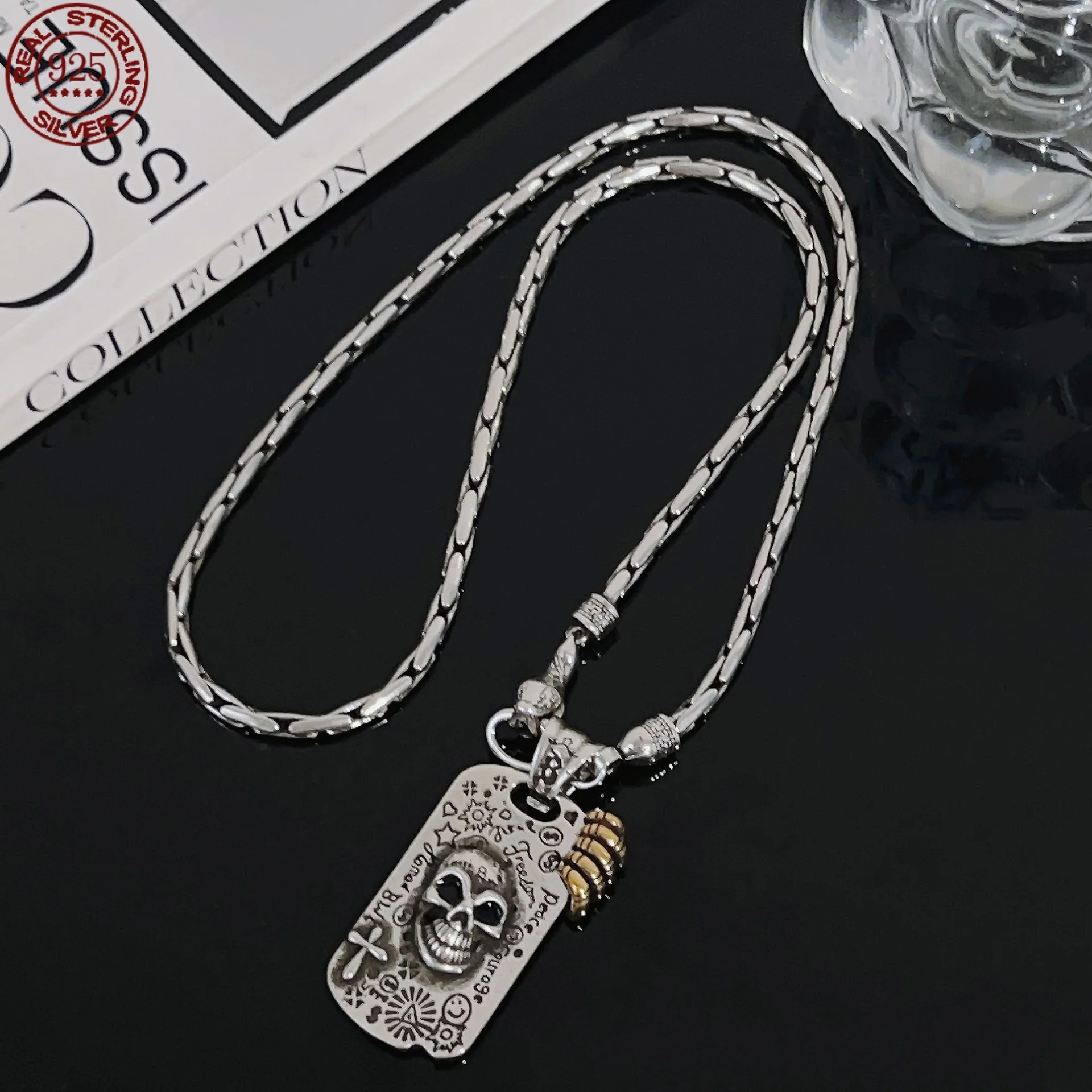 Collar de calavera de plata de ley S925 para hombres y mujeres, cadena de Sudadera con capucha, accesorios de personalidad, Heavy retro, Hip Hop