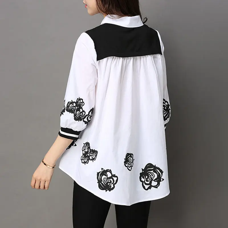 Fashion Print Spliced Fake Two Pieces Shirt Woman Clothing 2023 Spring Casual Half Open Collar 3/4 Sleeve Oversized Loose Blouse