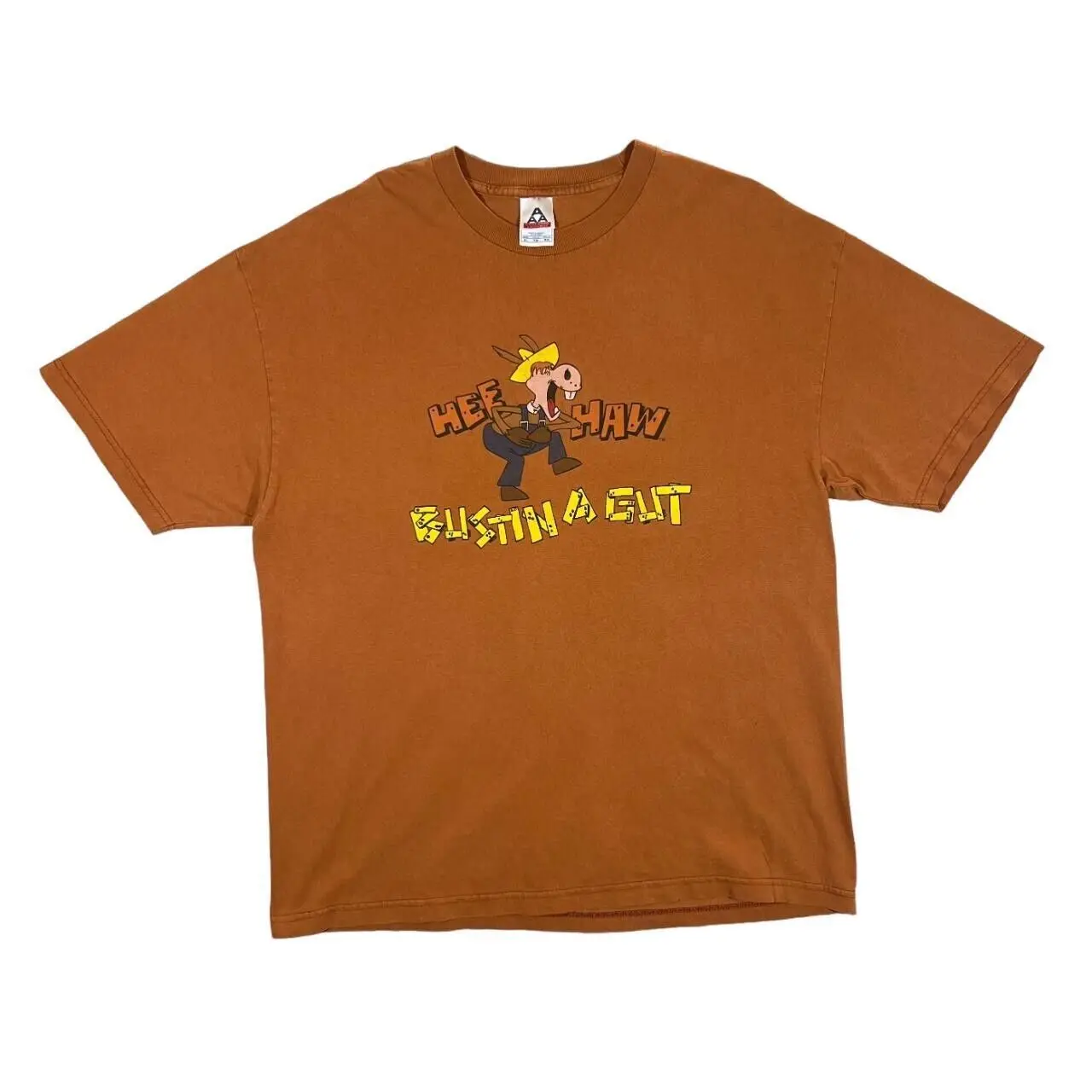 Early 00's HEE HAW Bustin' A Gut Donkey Cartoon Graphic Burnt Orange T-Shirt XL