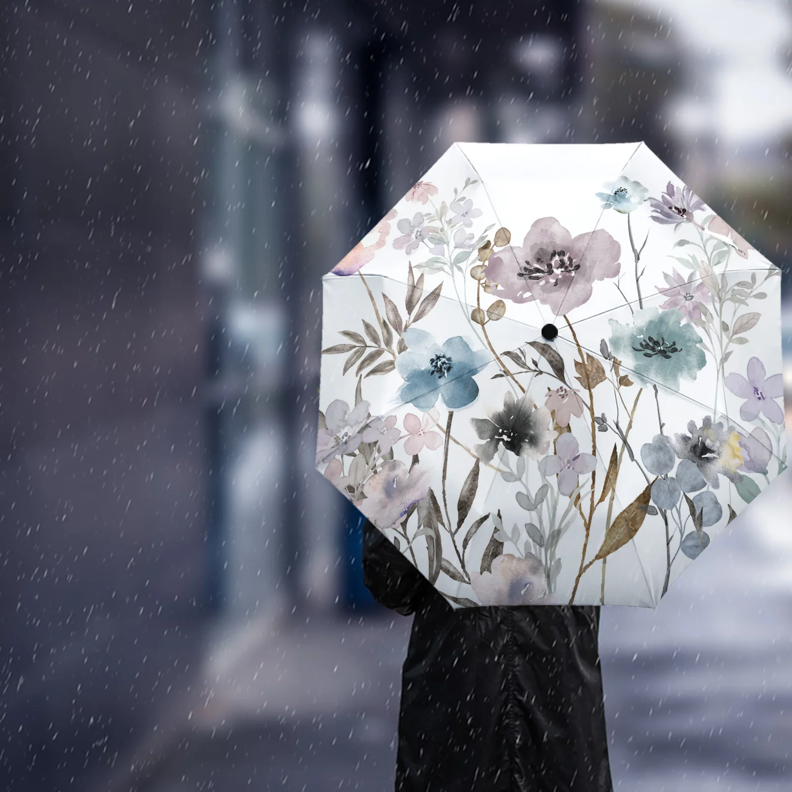 Paraguas automático de viaje, sombrilla plegable portátil a prueba de viento, flores y plantas de acuarela