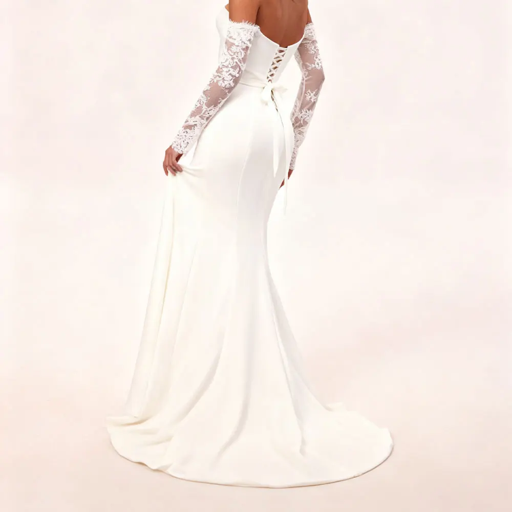 Eleganckie satynowe suknie ślubne typu syrena z koronką dla panny młodej, z długim rękawem, Vestidos Novia, plażowe suknie ślubne z dekoltem w serduszko i trenem.