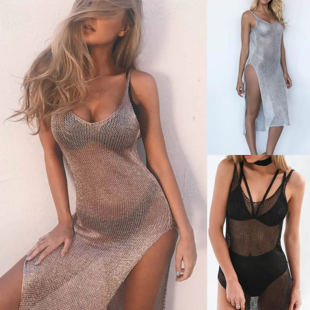 Sexy Mesh Dress Women Summer Beach Hollow Out Sleeveless Backless Casual Holiday Party Street Style Elegant Midi Skirt