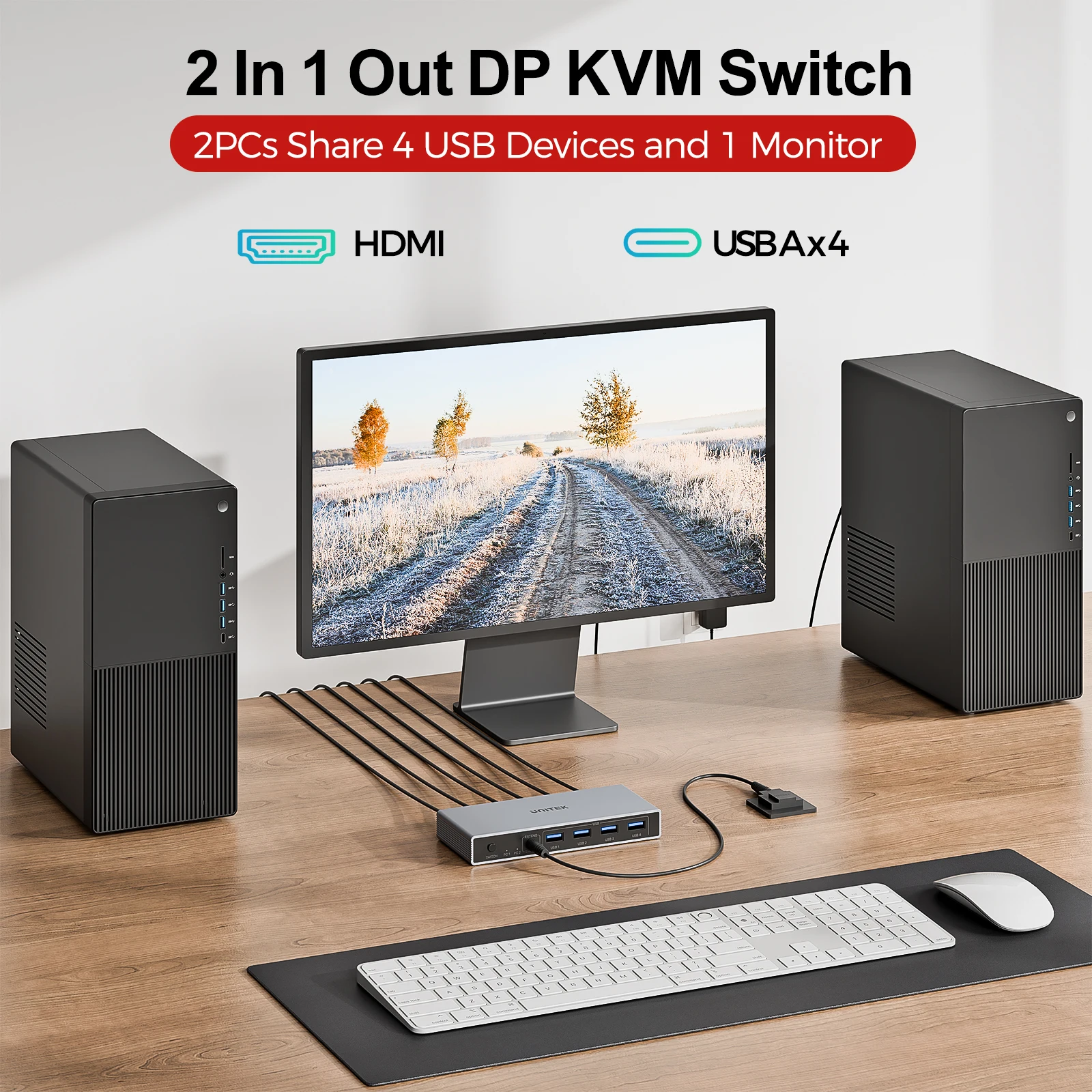 

UNITEK KVM Switch 2-Port DisplayPort 1.4 HDMI Switcher with USB Hub DP 4K@144Hz 8K@60Hz Plug & Play for Windows Mac Linux