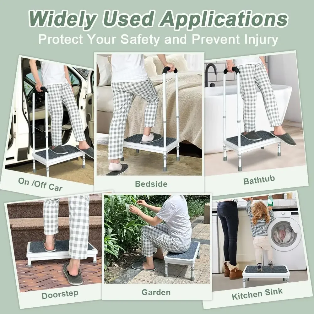 Step Stool with Handle Elderly Adults Bed Steps for High Beds Rails Adjustable Assist Bar Heavy Duty Stepping Stool