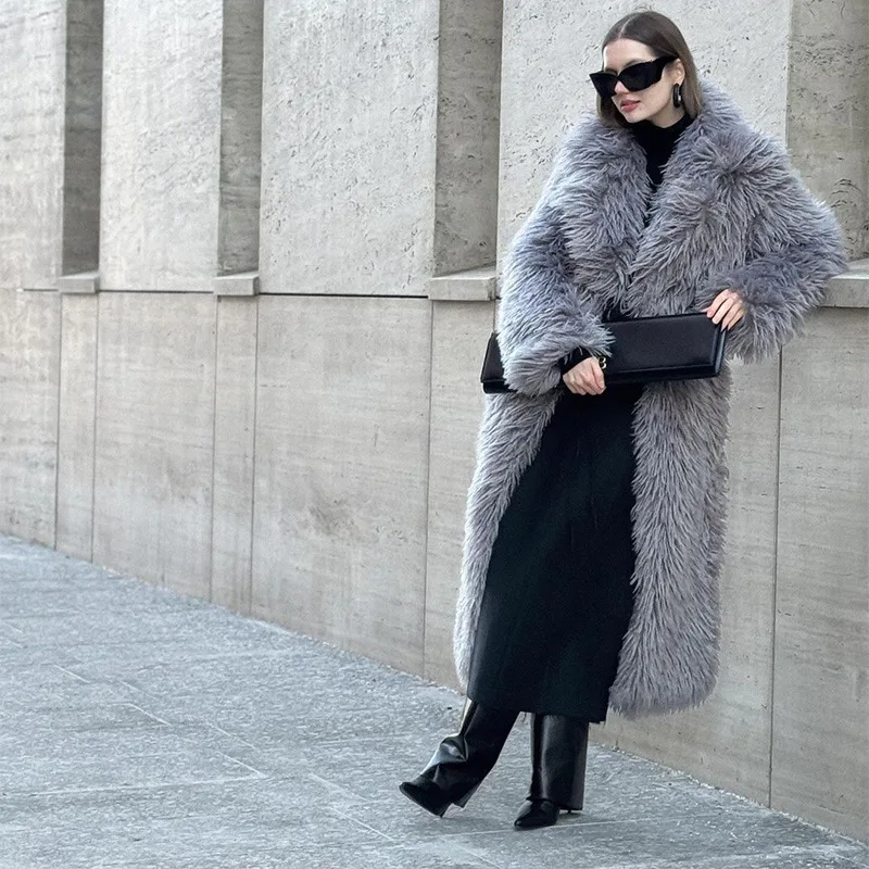 Mantel Bulu Imitasi Panjang Wanita Y2k Mantel Tebal Hangat Berbulu Kerah Lipat Y2k Jaket Streetwear Elegan Musim Gugur Musim Dingin Jaket Maxi