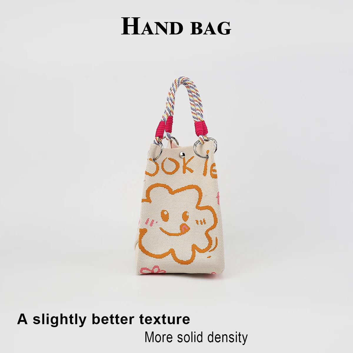 Women's casual handbag, featuring cute cartoon patterns, detachable circular handle, multi-colored rope strap, easy and quick to close, suitable for commuting, shopping, traveling, and outings, can hold a cell phone, w