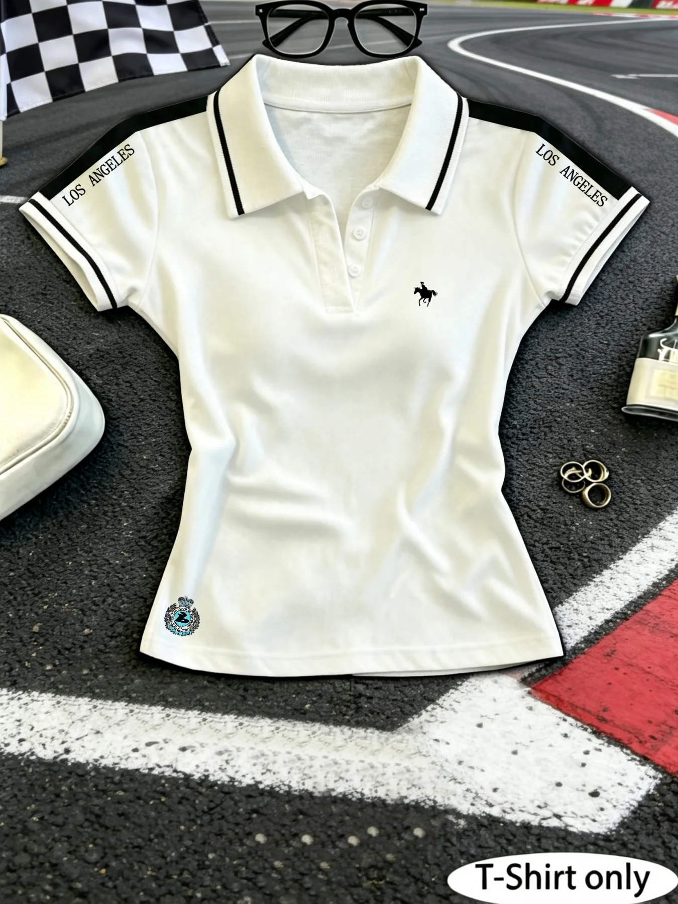 Damen Y2K Cropped Poloshirt, Los Angeles Schriftzug & Pferdemotiv Multi-Print Kurzarm, Alltags- und Sportbekleidung für den Alltag – Detail 2