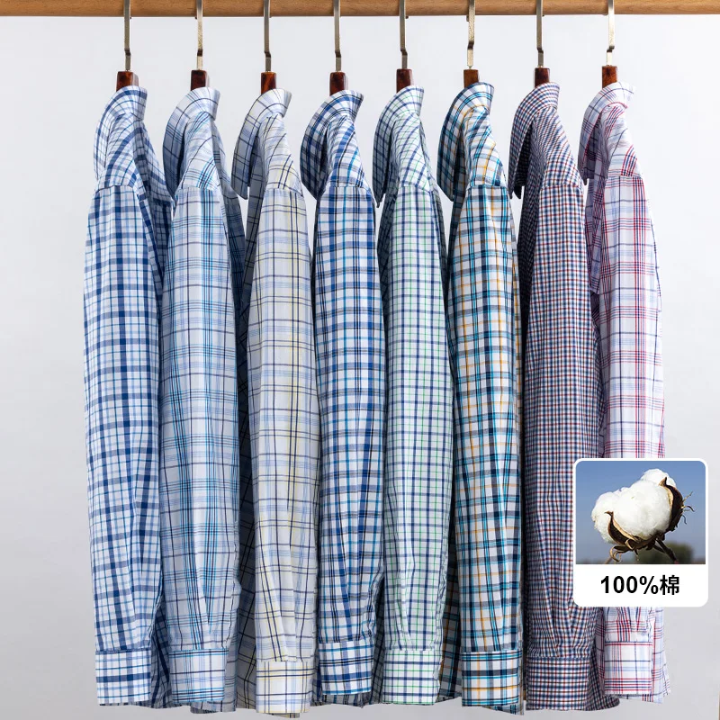 New Cotton Plaid Casual Shirts For Men Long Sleeve Fashion Print Checked Regular Fit Mens Plaid Shirts Dress Daily Clothing Soft