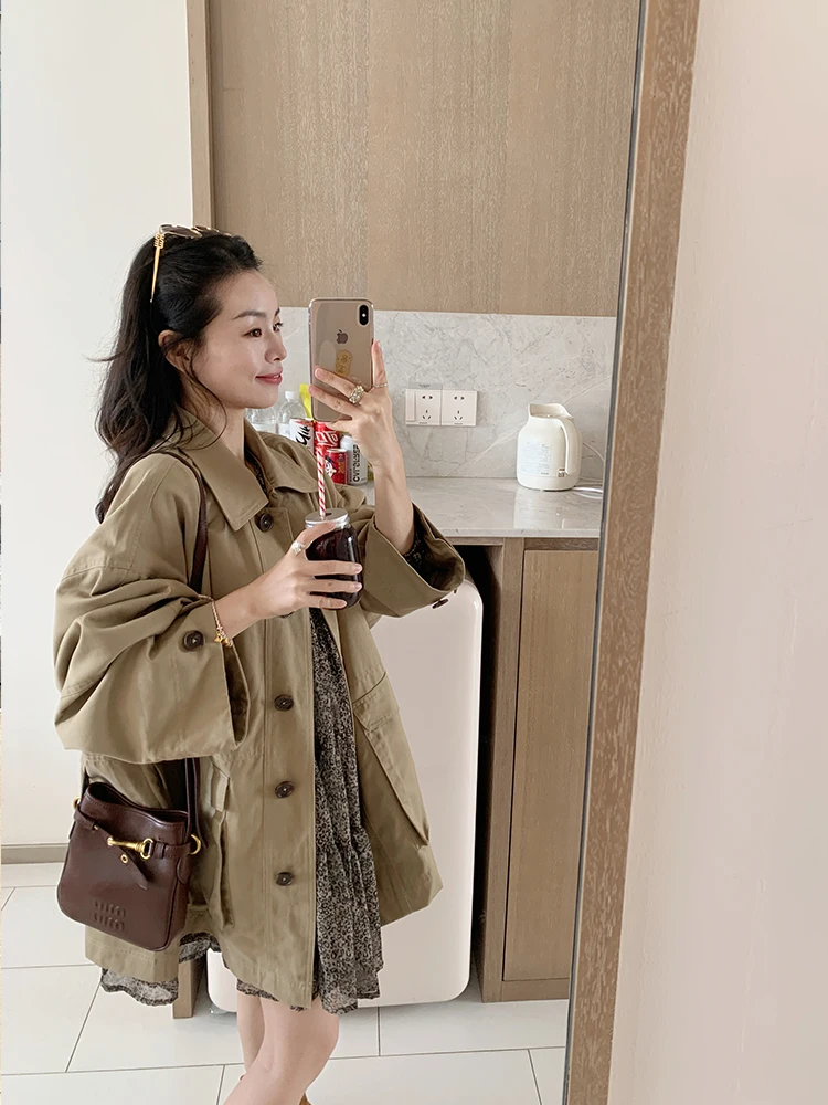 

Шелково-хлопковая свободная повседневная рабочая ветровка в корейском стиле ELA UII, женское пальто с длинными рукавами на одной пуговице