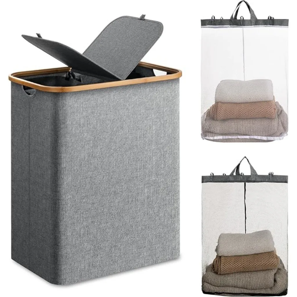 Oxford Foldable Laundry Basket with 2 Inner Removable Bags  Extra Large Laundry Hamper with Lid Dirty Clothes Basket