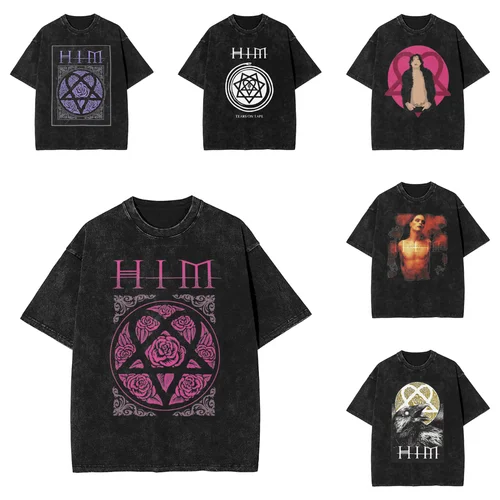 Heartagram Him Band-Camiseta lavada rosa para hombre, camisetas informales clásicas, camiseta transpirable de Hip Hop, ropa estampada de gran tamaño