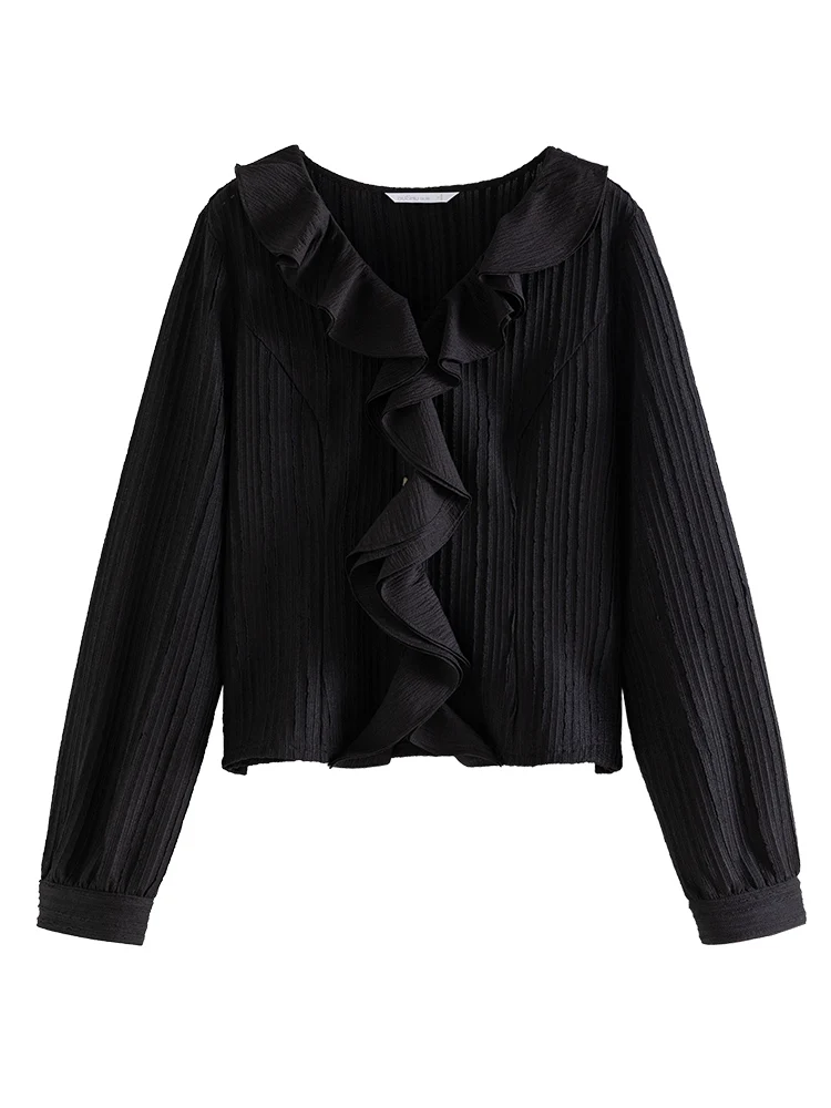 DUSHU Sweet Ruffled Textured Women Cardigan Shirts 2024 Spring Female Long Sleeve V-Neck Short Black Chiffon Blouse 24DS81226