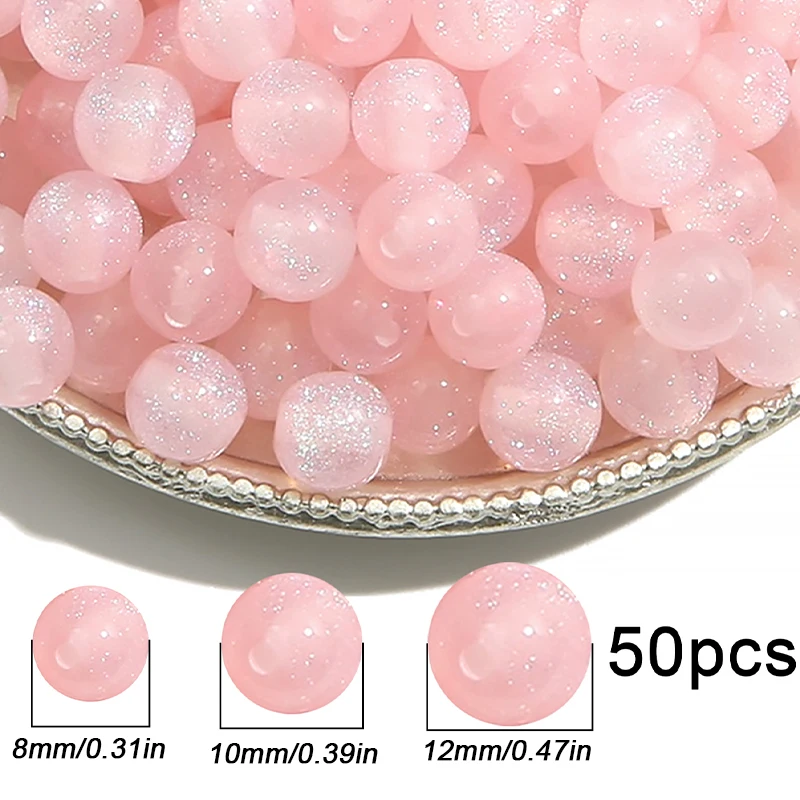 8/10/12 mm, 50 Stück, rosa Harz, feiner Glitzer, runde lose Perlen, DIY-Armband, Halskette, handgefertigte Schmuckherstellung – Detail 5
