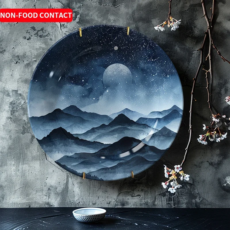 1pc Moonlit Mountain Scenery Ceramic Decorative Plate - Artistic Non-Food Contact Home Wall Decor for Living Room, Bedroom,