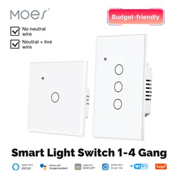 Tuya WiFi Smart Light Switch Glass Touch Control Fireproof No Neutral Wire Required Remote Control Work With Alexa Google Home